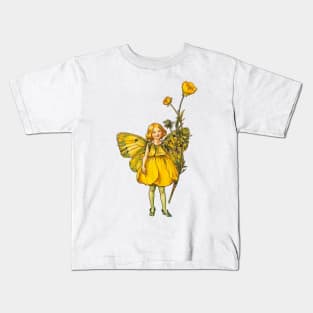 Cute Vintage Cottagecore Yellow Faerie Pixie With Buttercup And Butterfly Wings Kids T-Shirt